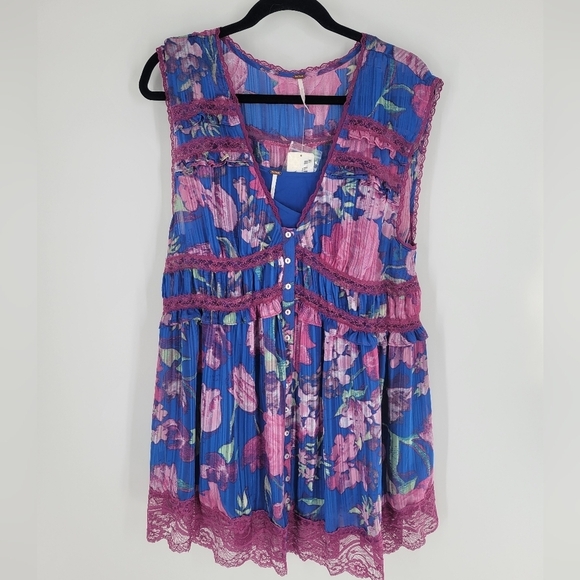 Free People Spring Fling Mini violet dress blue pink purple lace button down - Picture 2 of 4